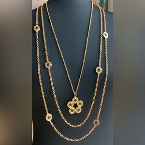 Celebrity Signed Vintage Gold Smokey Quartz Glass 3 Strand Long Necklace